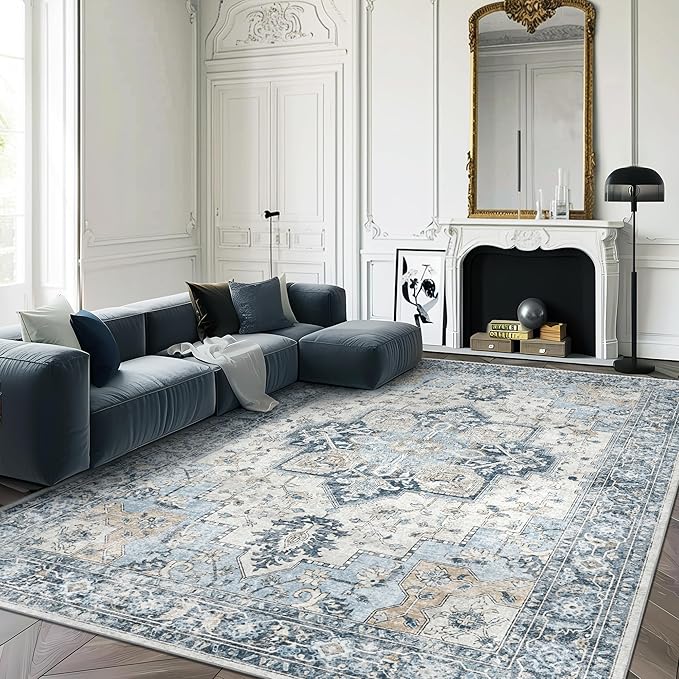 GENIMO 7'6''x9'6'' Area Rugs for Living Room, Machine Washable Non Slip Vintage Rugs, Low Pile Lightweight Chenille Print Rug for Bedroom, Dining Room, Home Office, Blue