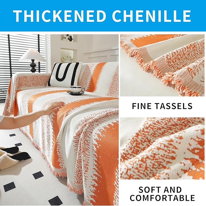 LUFEIJIASHI Boho Couch Covers for Sofa Non Slip Sofa Covers Washable Couch Covers for 3 Cushion Couch Sofa Pet Friendly Sectional Couch Cover Blanket Furniture Protector for Dogs (Orange, 91"x118")