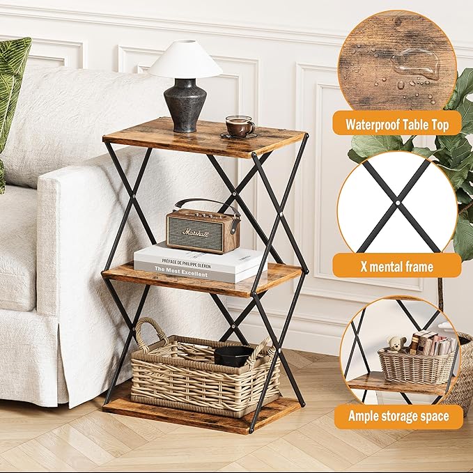 3-Tier End Table Set of 2 Small Side Table Tall Bedside Night Stand with Storage Sofa Side desks for Living Room Bedroom Office Bathroom Small Space Rustic Brown ET-03RB-2