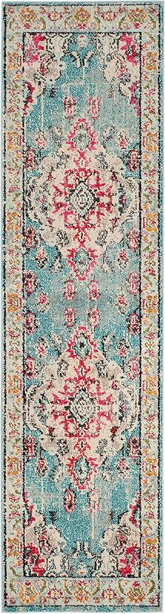 SAFAVIEH Monaco Collection Runner Rug - 2'2" x 6', Light Blue & Fuchsia, Boho Chic Medallion Distressed Design, Non-Shedding & Easy Care, Ideal for High Traffic Areas in Living Room, Bedroom (MNC243J)