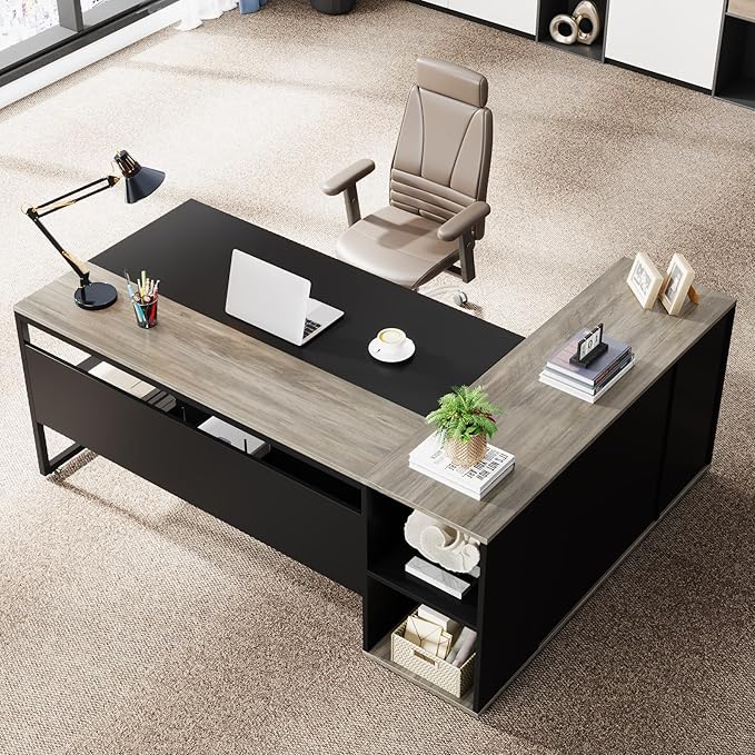 Tribesigns 71 inch Executive Desk, L Shaped Desk with Cabinet Storage, Executive Office Table with Shelves, Business Furniture Set Workstation for Home Office, Gray