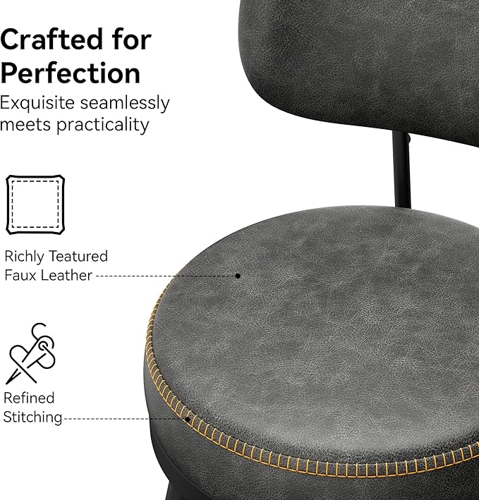 Counter Height Bar Stools, 26" H Swivel Barstools Set of 2, Faux Leather Kitchen Counter Stools with Back and Stylish Stitching, Metal Frame, Pub, Home Bar, Black Grey