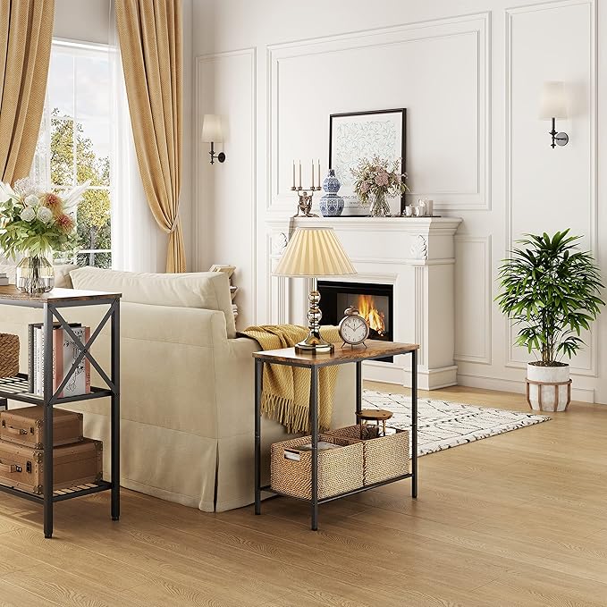 Hoctieon 2 Tier End Table, Sofa Side Table, Narrow Side Table with Storage, Slim Nightstand for Small Spaces, Metal Frame, for Living Room, Bedroom, Sofa Couch, Hall, Rustic Brown