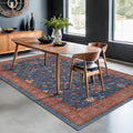 Dining Room Rugs for Under Table - 7x9 Washable Area Rug for Living Room, Low Pile Non-Slip Rugs for Bedroom - Navy Blue Vintage Boho Unique Home Decor