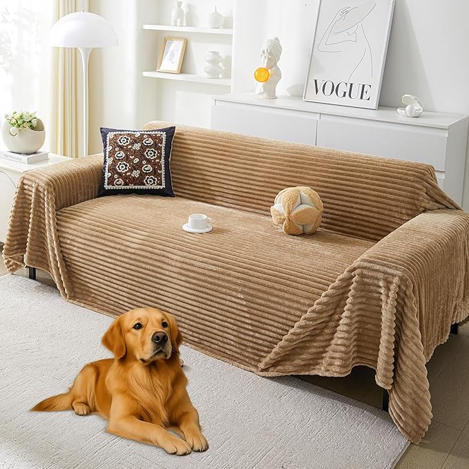 HAOMAIJIA Faux Fur Sofa Covers Couch Covers for 3 Cushion Couch Sofa Pet Friendly Soft Non Slip Couch Cover for Dogs Washable Sectional Couch Covers L Shape Furniture Protector (Khaki, 71"x150")