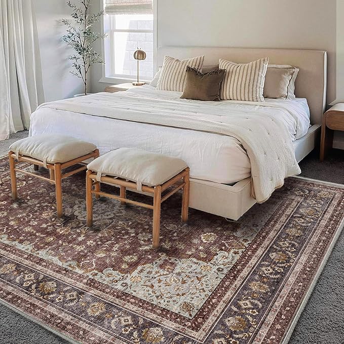 Washable Area Rug 9'x12' Retro Boho Design Non-Shedding Easy Care Ideal for High Traffic Areas in Living Room Bedroom Office Coffee Table Kitchen Large Carpet