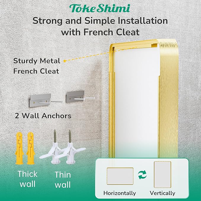 TokeShimi 48x24 Brushed Gold Bathroom Mirror for Over Sink,Bathroom Mirror Rectangle with Tempered Glass,Vanity Mirror with Aluminum Frame(Horizontal/Vertical)