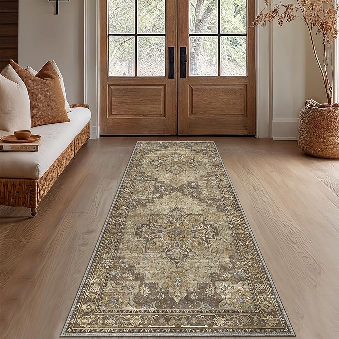 GENIMO 3x8 Runner Rugs for Hallway, Machine Washable Non Slip Vintage Rugs, Low Pile Lightweight Soft Print Rug for enrtyway, Corridor, Home Office, Kitchen, Rustic Brown