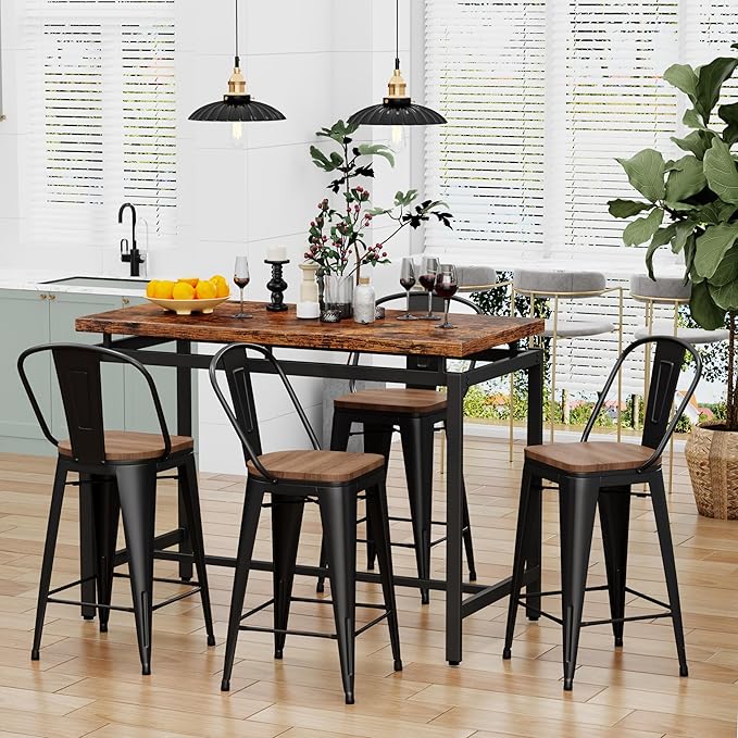 Changjie Furniture 26 Inch Metal Barstools Set of 4 Counter Height Bar Stools Industrial Stools with Backs High Back Chairs for Kitchen Island (26 Inch, Black)