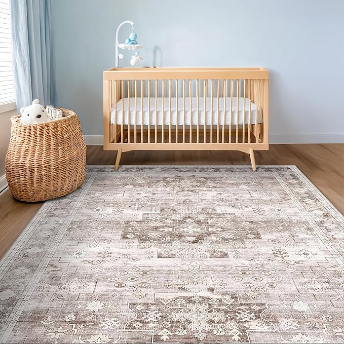 Washable Neutral Farmhouse Bedroom Rug, 5x7 Area Rugs for Living Room, Nursery Room, Boho Vintage Floral Non-Slip Rug Low Pile Stain Resistant (5x7 Beige/Latte)