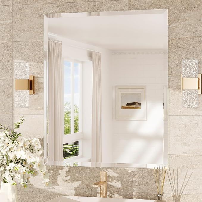 TokeShimi 30x36 Beveled Bathroom Mirror Frameless, Rectangle Bathroom Vanity Mirror with 1" Beveled Edge, Shatterproof Modern Mirrored Wall Decor for Living Room, Entryway, Bedroom