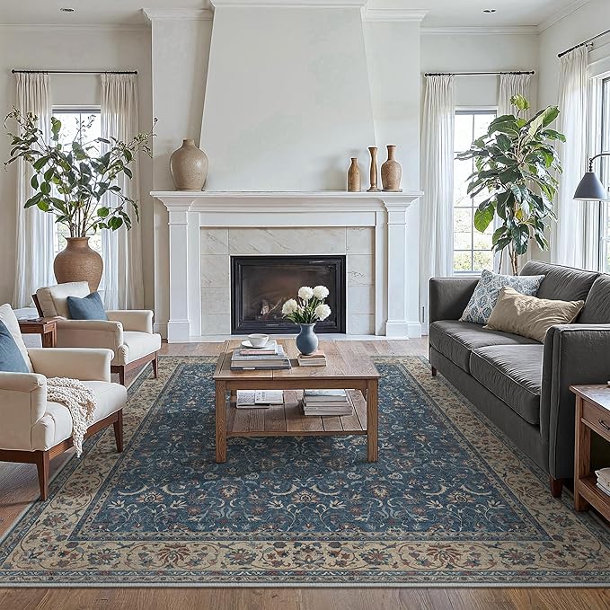 8X10 Area Rugs Machine Washable Rugs for Living Room, Vintage Boho Large Rugs for Bedroom Dining Room, Non Slip Indoor Soft Distressed Lightweight Thin Low Pile Carpet, Indigo