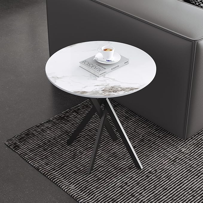 Small Round Marble Side Coffee Table with Metal Legs, Sintered Stone White Modern End Table for Living Room Sofa Home Bed Office (1 Piece, 20"×20"×18")