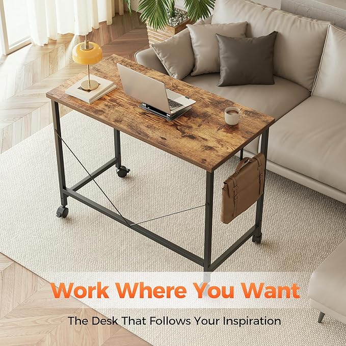 Rolling Computer Desk with Wheels, Gaming Desk for Small Spaces, Modern Simple Style Table for Home Office, Study Writing Table (Caster, Rustic Brown, 40 inch)