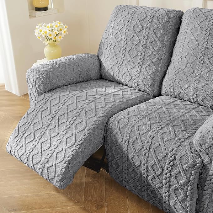 vctops 8 Pieces Geometric Jacquard Plush Recliner Sofa Covers Soft Fuzzy Fluffy 3 Seats Couch Cover Anti-Slip Sofa Slipcover Furniture Protector with Elastic Bottom for Kids Pet(Grey,3 Seat)