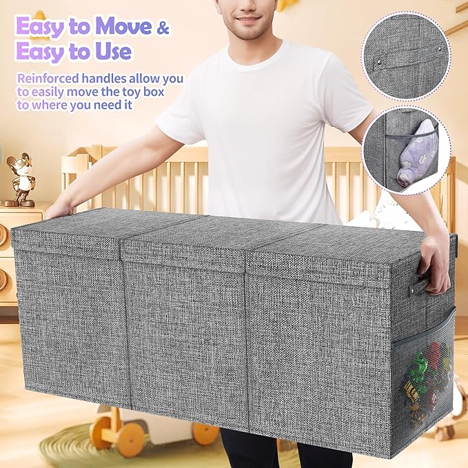 Extra Large Toy Box Chest with Lids, Collapsible Sturdy Kids Toy Storage Organizer Boxes for Boys Girls, 40"x14"x16", Toybox Storage Bins Basket for Living Room, Bedroom, Nursery, Gray