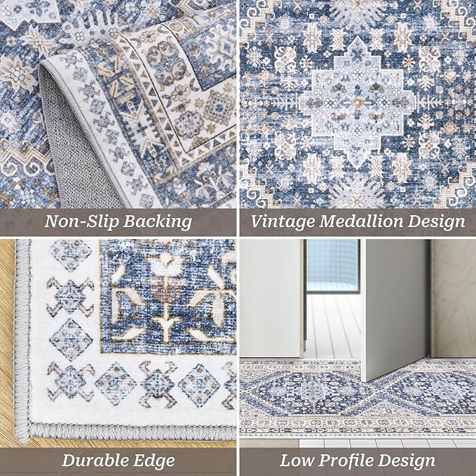zesthome Washable Runner Rug 2.5x14 - Stain Resistant Entryway Rug,Ultra-Thin Kitchen Rugs, Anti Slip Backing Runner Rugs for Entrance Laundry Room Indoor Hallway (Blue/Beige,2.5'x14')