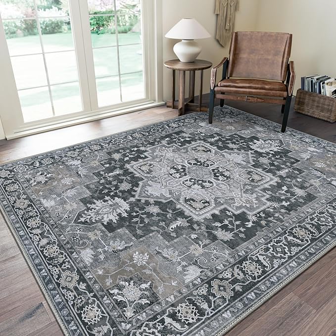 GENIMO 10x12 Area Rugs for Living Room, Machine Washable Non Slip Vintage Rugs, Low Pile Lightweight Chenille Print Rug for Bedroom, Dining Room, Home Office,Dark Gray