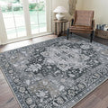 GENIMO 10x14 Area Rugs for Living Room, Machine Washable Non Slip Vintage Rugs, Low Pile Lightweight Chenille Print Rug for Bedroom, Dining Room, Home Office,Dark Gray