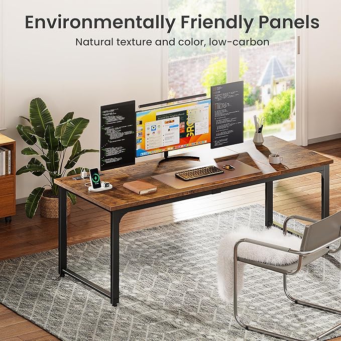 Huuger 63 x 24 inch Desk with Power Outlets & USB-C, Deeper & Thicker Desktop, Robust Metal Tubes, Computer Desk, Heavy Duty Office Desk, Work Gaming Desk, for Home Office, Rustic Brown
