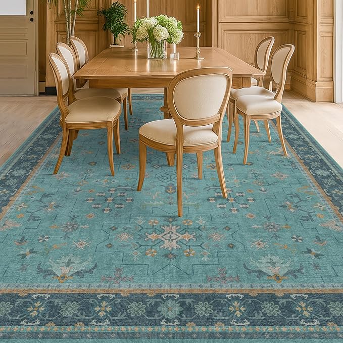 Boho 8x10 Large Teal Green Rugs for Living Room - Vibrant Turquoise Rug for Bedroom under Bed, Dining Room under Kitchen Table, Washable Soft Non Slip Unique Aqua Colorful Indoor Décor teal area rug