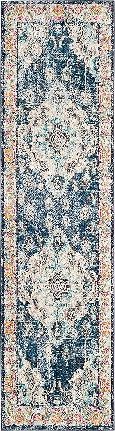 SAFAVIEH Monaco Collection Runner Rug - 2'2" x 18', Navy & Light Blue, Boho Chic Medallion Distressed Design, Non-Shedding & Easy Care, Ideal for High Traffic Areas in Living Room, Bedroom (MNC243N)