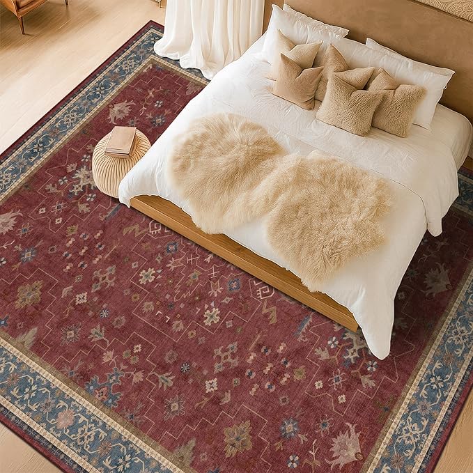 Oriental 7x10 Large Area Rugs for Bedroom Under Bed - Burgundy Rug for Living Room, Dining Room Under Kitchen Table, Washable Soft Non Slip Boho Indoor Décor