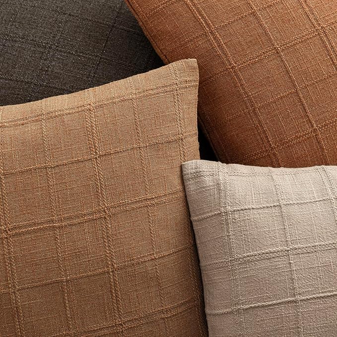 Foindtower Set of 2 Decorative Linen Check Throw Pillow Covers Neutral Farmhouse Lumbar Cushion Covers Modern Boho Home Decor for Sofa Chair Couch Bedroom Living Room Outdoor,12×20 Inch,Brick