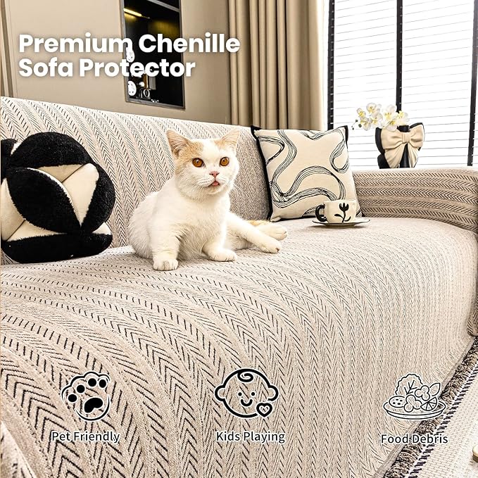 Nobildonna Sofa Cover Washable Soft Thicken Chenille Couch Cover with Tassel,Waterproof Sofa Slipcover for 2-3 Cushion Couch,Sectional Sofa,L-Shaped Furniture Protector Pet-Friendly,Brown 71"x118"
