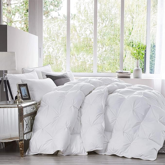 Luxurious All-Season Goose Down Feather Fiber Comforter Oversize Queen Duvet Insert (98x98), Exquisite Pinch Pleat Design- White, Premium Baffle Box, 100% Egyptian Cotton Cover, 70 oz. Fill Weight