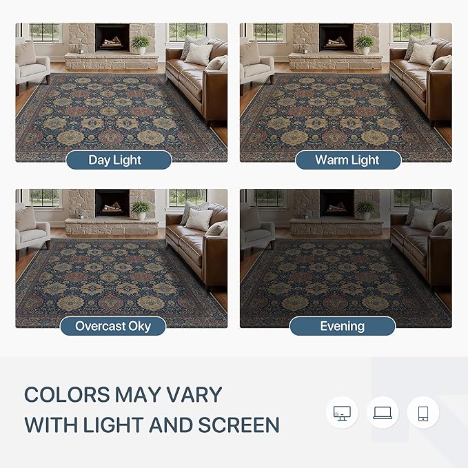8X10 Area Rugs Machine Washable Rugs for Living Room, Vintage Boho Large Rugs for Bedroom Dining Room, Non Slip Indoor Soft Distressed Lightweight Thin Low Pile Carpet, Navy Tan