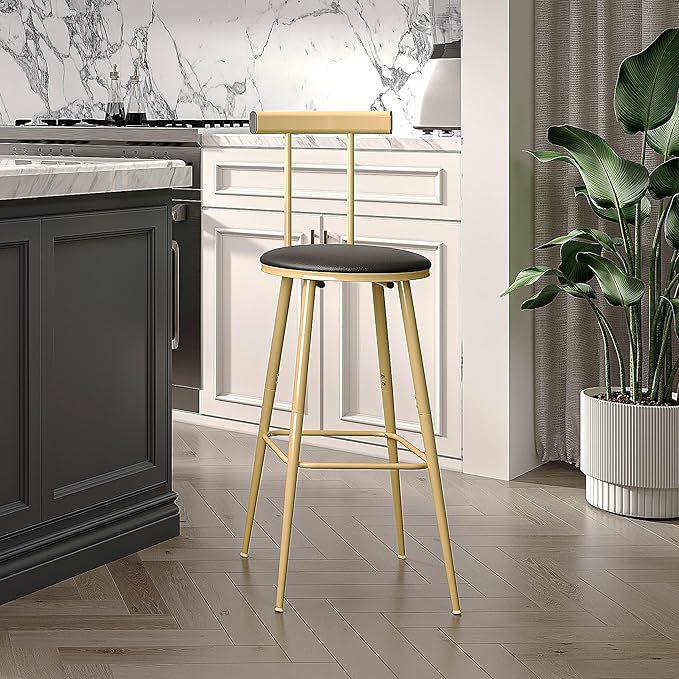 Bar Stools, Set of 2 High Kitchen Barstools, Bar Chairs with Backrest and Footrest, Industrial Counter Stools with PU Soft seat, for Kitchen, Living Room, Pub, Gold Color BS-012GC