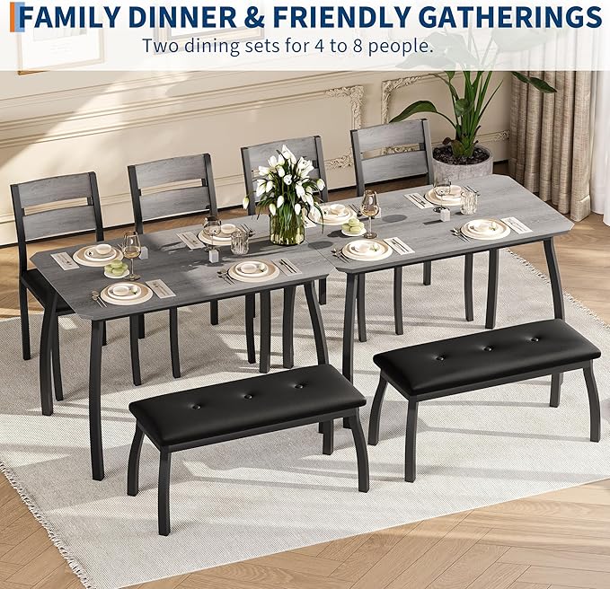 Dining Table Set for 4, Wooden Kitchen Table with Upholstered Bench & 2 Cushion Chairs, Space-Saving Dinette Set for Studio, Kitchen, Dining Room, Apartment(43''x28''x30''), Gray