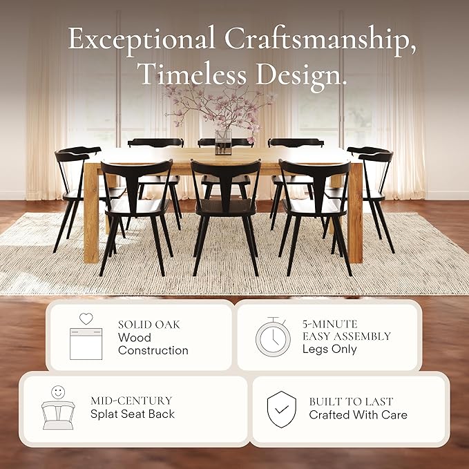 POLY & BARK Mid Century Modern Enzo Black Dining Chair – Solid Oak Wood Splat Back Chair, 18" Seat Height, 32" Tall – Stylish MCM Kitchen & Dining Room Chair - Set of 3