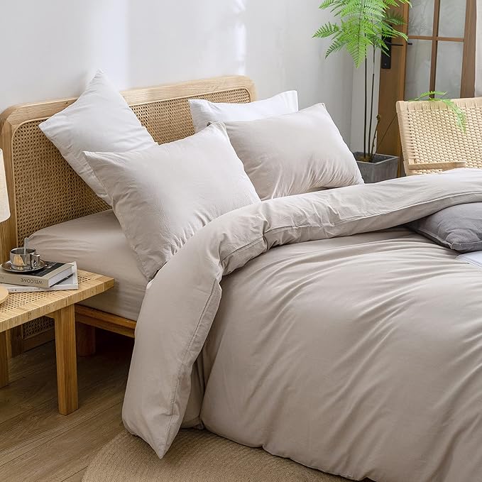BESTOUCH Duvet Cover Set 100% Washed Cotton Linen Feel Super Soft Comfortable Chic Lightweight 3 PCs Home Bedding Set Solid Linen Grey Oversized King