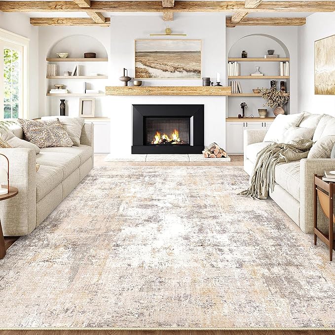 9x12 Washable Area Rug Beige Grey Neutral Abstract Living Room Bedroom Large Throw Rug Non Slip Soft Low Pile Indoor Floor Carpet for Dining Room Kitchen Office Entryway