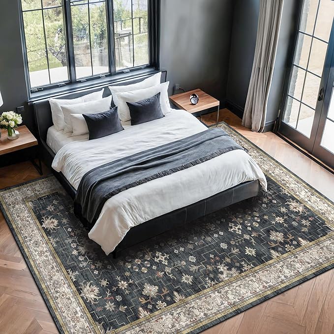 Boho Dining Room Rugs for Under Table - 7x9 Washable Black Area Rug for Living Room, Low Pile Non-Slip Rugs for Bedroom Under Bed - Charming Farmhouse Decor & Stain Resistance - Black/Multi