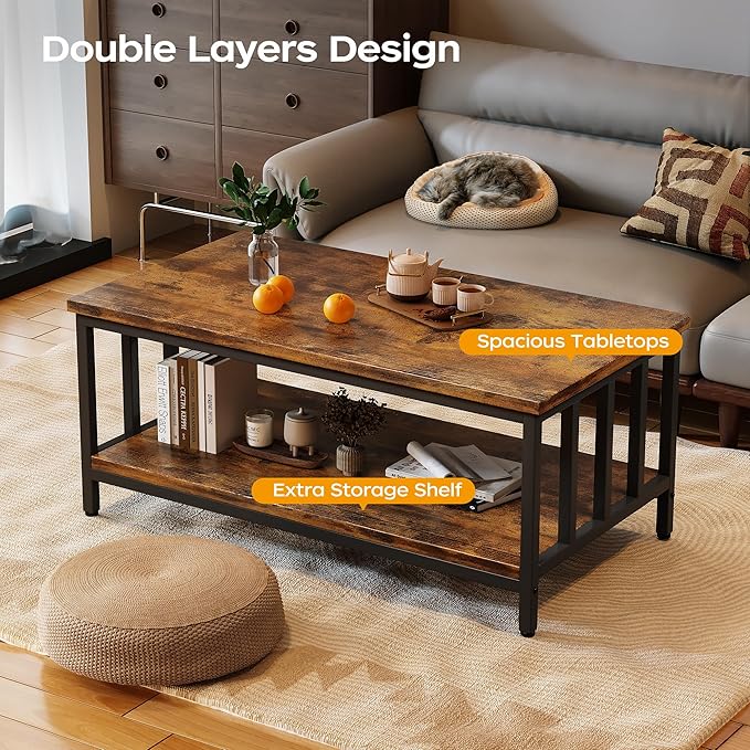 Homeiju Coffee Table for Living Room, Farmhouse Living Room Table with Slatted Sides Frame for Home Office, Apartment, 39 inch Rustic Black and Brown