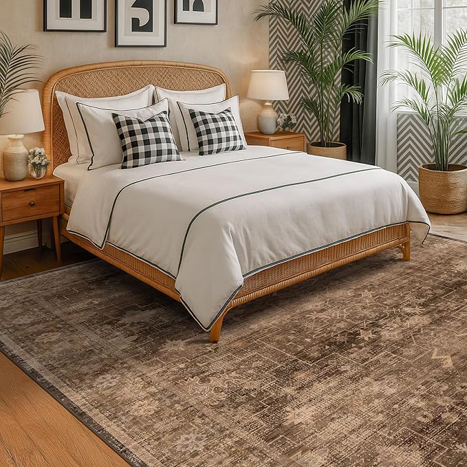 Brown 9x12 Living Room Rug - Vintage Western Eclectic Unique Neutral Taupe, Washable Low Pile Non-Slip Large Area Rugs for Dining Under Table Bedroom Under Bed
