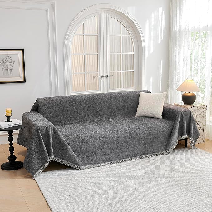 MYSKY HOME Couch Cover for Sofa Couch Covers for Pets, Non Slip Dogs Furniture Protector with Tassels for Living Room Non Slip Washable Furniture Protector Cover for Pet, Cat, 91"x118", Dark Grey