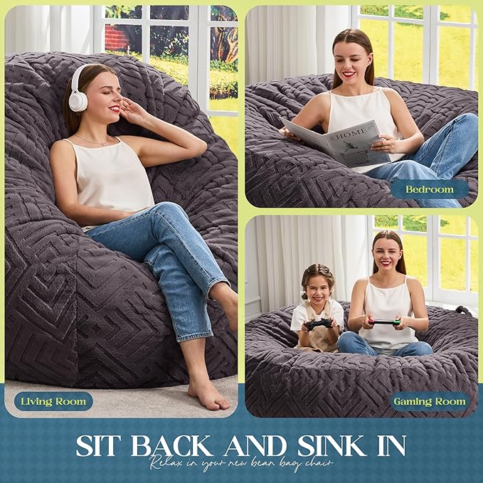 Hobestluk Bean Bag Chairs Adults Beanbag Chair with Filler Large Bean Bags with Fluffy Embossed Cover, Giant Bean Bag Chairs for Adults (Dark Grey, 6FT - 70" x 70" x 15")