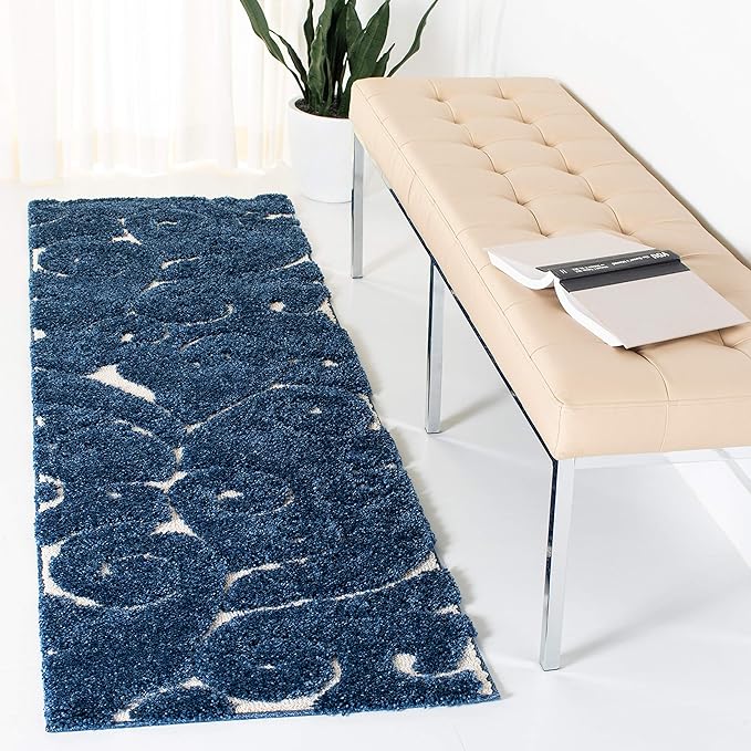 SAFAVIEH Florida Shag Collection Runner Rug - 2'3" x 21', Dark Blue & Cream, Scroll Design, Non-Shedding & Easy Care, 1.2-inch Thick Ideal for High Traffic Areas in Living Room, Bedroom (SG455-6511)