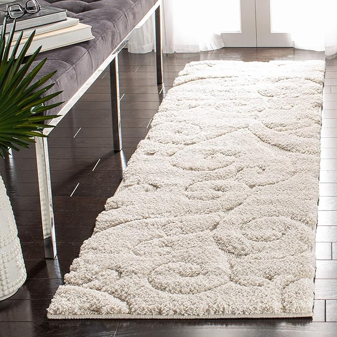 SAFAVIEH Florida Shag Collection Runner Rug - 2'3" x 15', Creme & Creme, Scroll Design, Non-Shedding & Easy Care, 1.2-inch Thick Ideal for High Traffic Areas in Living Room, Bedroom (SG455-1111)