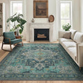 GENIMO 8x10 Area Rugs for Living Room, Machine Washable Non Slip Vintage Rugs, Low Pile Lightweight Chenille Print Rug for Bedroom, Dining Room, Home Office, Dark Green