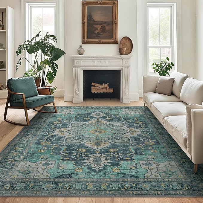 GENIMO 10x12 Area Rugs for Living Room, Machine Washable Non Slip Vintage Rugs, Low Pile Lightweight Chenille Print Rug for Bedroom, Dining Room, Home Office, Dark Green
