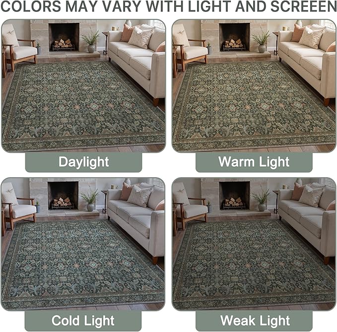 8X10 Area Rugs Machine Washable Rugs for Living Room, Vintage Boho Large Rugs for Bedroom Dining Room, Non Slip Indoor Soft Distressed Lightweight Thin Low Pile Carpet, Black