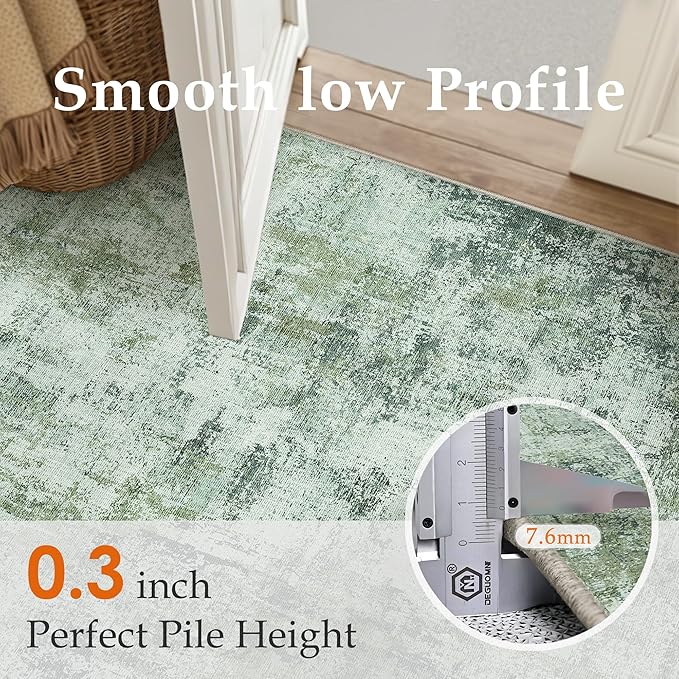 8x10 Washable Area Rug Dark Green Modern Neutral Abstract Living Room Bedroom Indoor Floor Carpet Low Pile Soft Non-Slip Lightweight Vacuumable Large Throw Rug for Nursery Dining Room