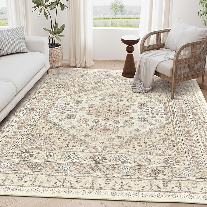 zesthome 4x6 Rug - Stain Resistant Washable Rug, Anti Slip Backing Rugs for Living Room, Foldable Vintage Small Area Rugs (Cream/Beige,4'x6')