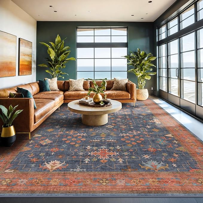 Boho Navy Blue 10x14 Area Rug for Living Room, Extra Large Dining Room Rugs for Under Table, Soft Low Pile Carpet for Bedroom - Vintage Floral Rug, Non-Slip & Stain Resistance (10x14 Navy Blue)