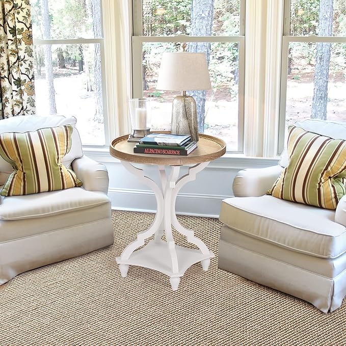 Wnutrees Farmhouse Round Accent End Table, Rustic Side Table Nightstands for Living Room, Wood Tray Top, Handcrafted Finish, White